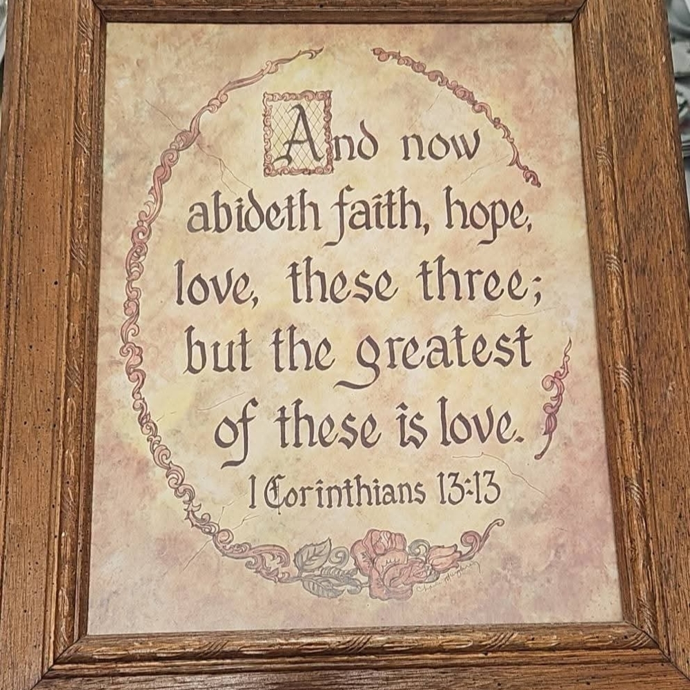 Framed Scripture Wall Art - 1 Corinthians 13:13 in Warm Neutrals. 18x14 in.